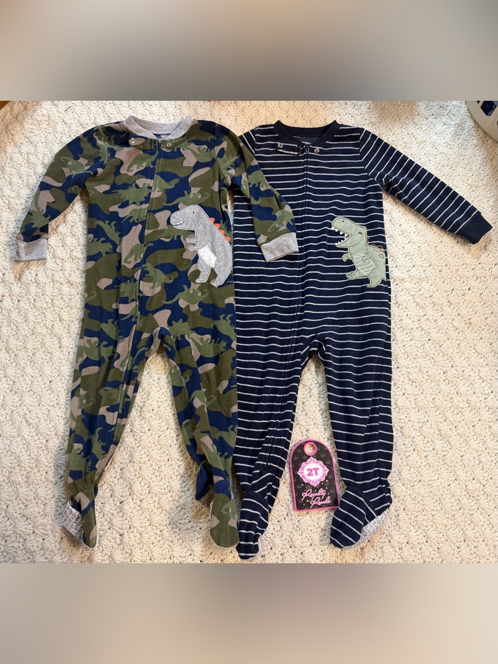2-Pack Baby One-Piece Sleepers with Dinosaur Appliqué - Green Camo & Navy Stripe